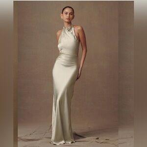 Meshki Sage Satin Halter Maxi Dress